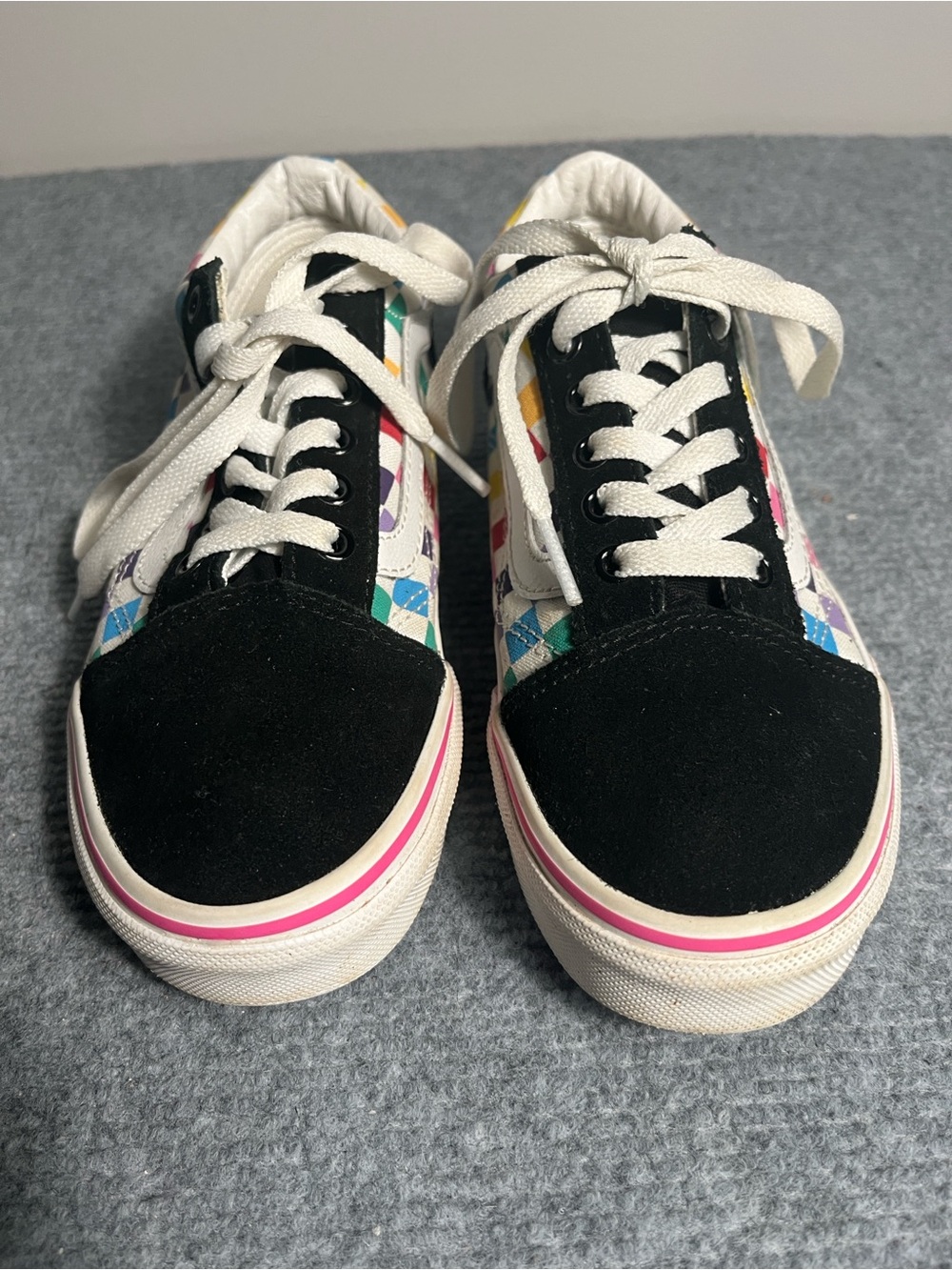 Vans Kids Old Skool Black Suede with Rainbow Checkerboard Accents